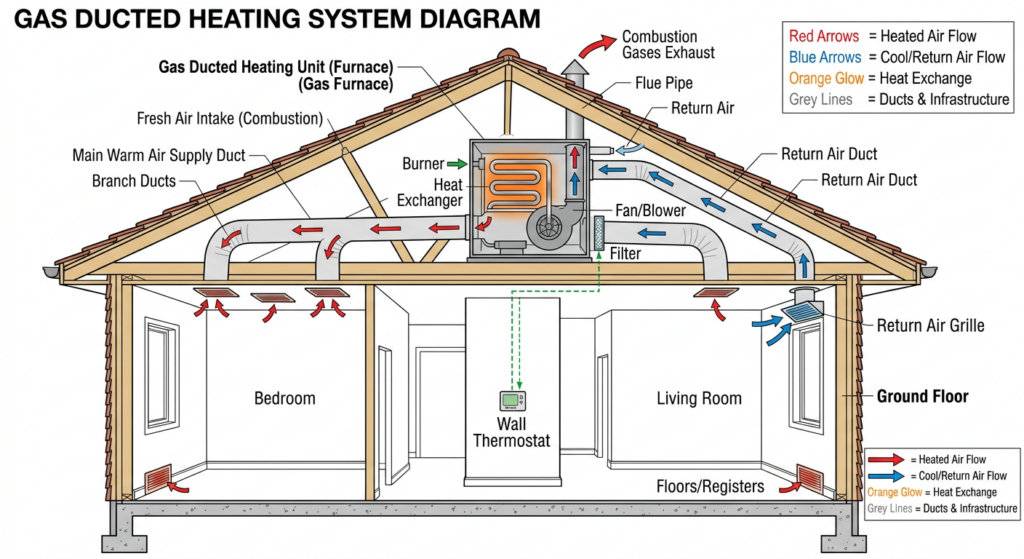 - Ford & Doonan Air Conditioning Cross-section of a house showing a gas ducted heating system with furnace, heat exchanger, ducts, vents, and a wall thermostat.