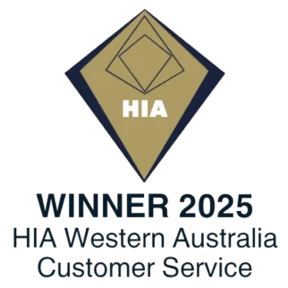 Diamond-shaped award badge in gold and navy with 'HIA' logo and the text 'WINNER 2025 HIA Western Australia Customer Service'.